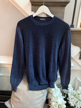 Ferrante Navy & Black Houndstooth 100% Wool Sweater sz L EUC